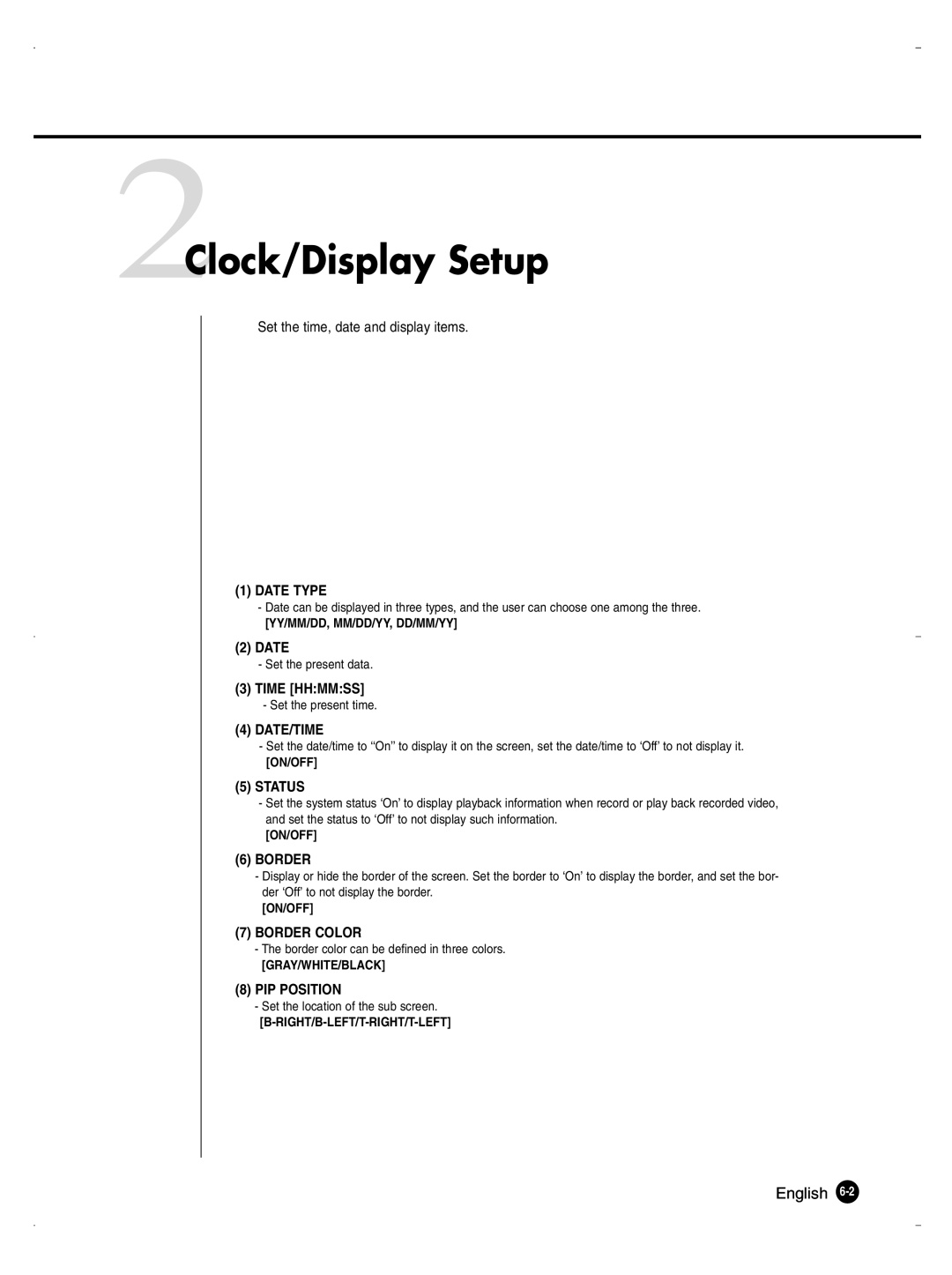 Samsung SHR-1040K user manual 2Clock/Display Setup 