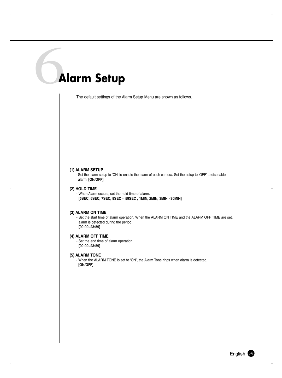 Samsung SHR-1040K user manual 6Alarm Setup 