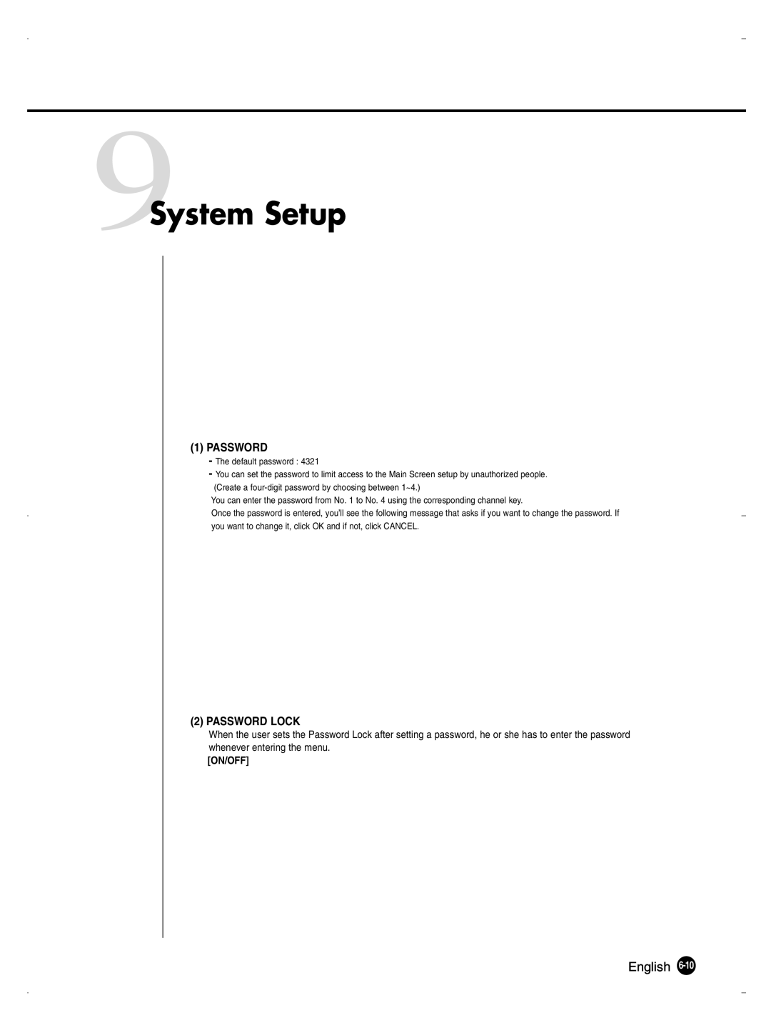 Samsung SHR-1040K user manual 9System Setup, Password Lock 