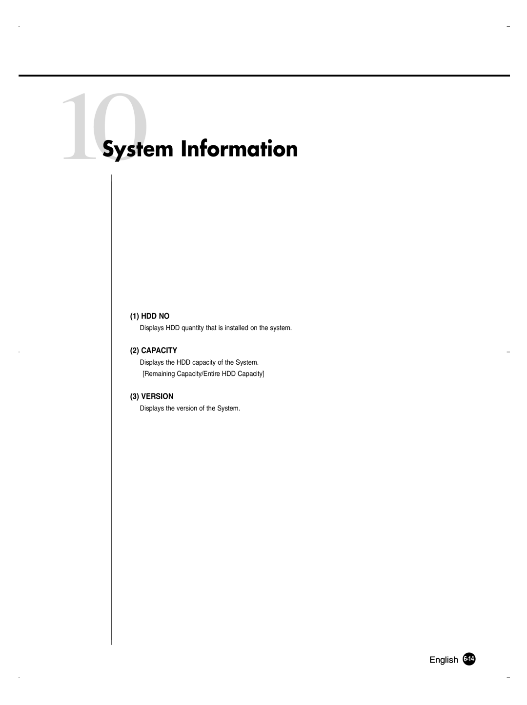 Samsung SHR-1040K user manual 10System Information, Capacity, Version 