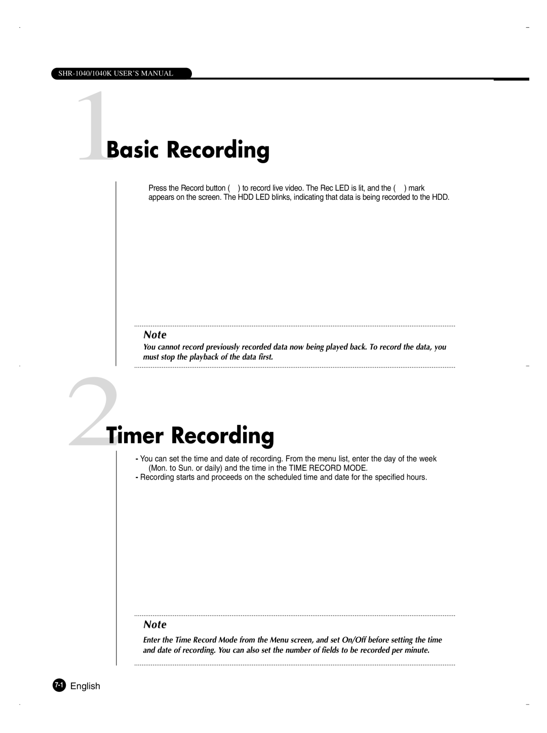 Samsung SHR-1040K user manual 1Basic Recording, 2Timer Recording 