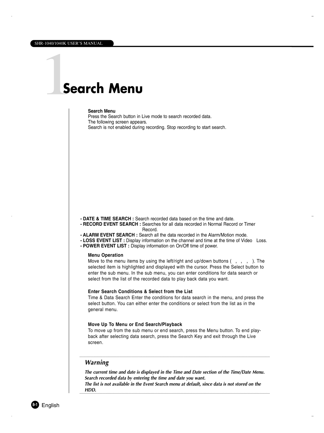 Samsung SHR-1040K user manual 1Search Menu 