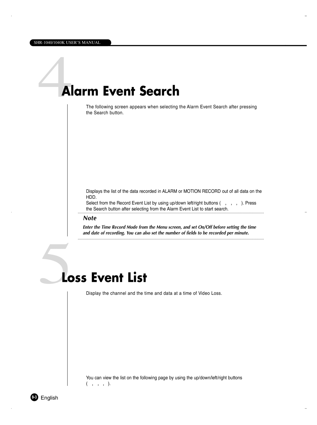 Samsung SHR-1040K user manual 4Alarm Event Search, 5Loss Event List 