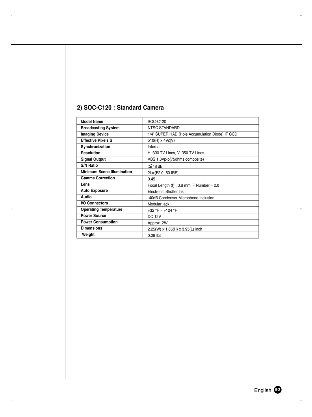 Samsung SHR-1040K user manual SOC-C120 Standard Camera 