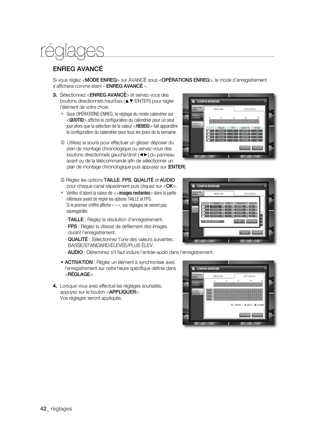 Samsung SHR-1041, VKKF011NEX user manual EnREG AVAnCÉ, BASSE/STANDARD/ÉLEVÉE/PLUS Élev 