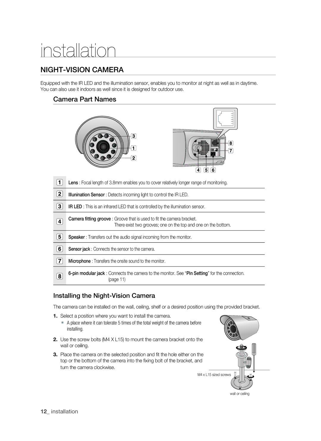 Samsung SHR-1041, VKKF011NEX user manual Night-Vision Camera, Installing the night-vision camera, Turn the camera clockwise 