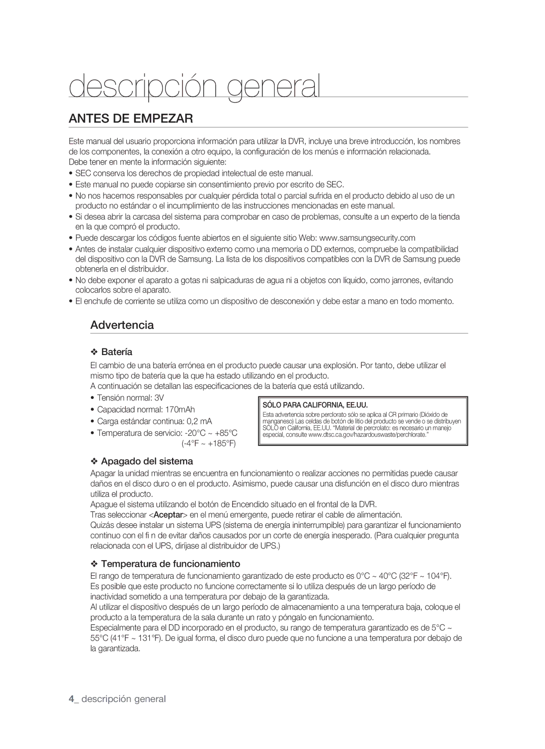 Samsung SHR-1041, VKKF011NEX user manual Antes DE Empezar, Advertencia 