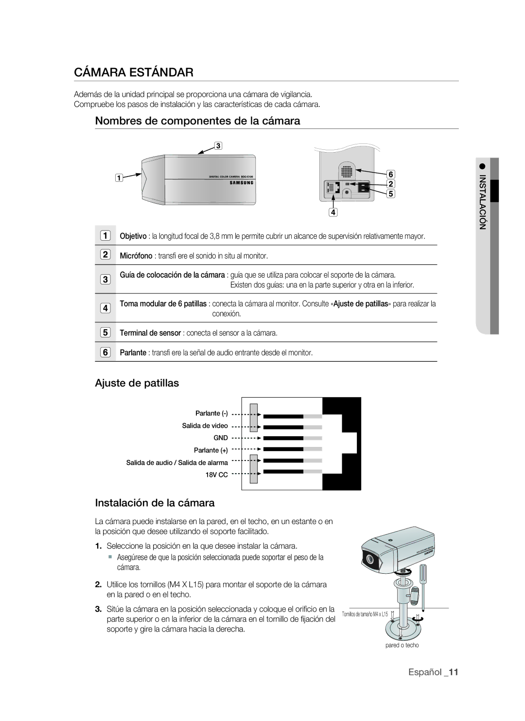 Samsung VKKF011NEX Cámara estándar, Nombres de componentes de la cámara, Ajuste de patillas, Instalación de la cámara 