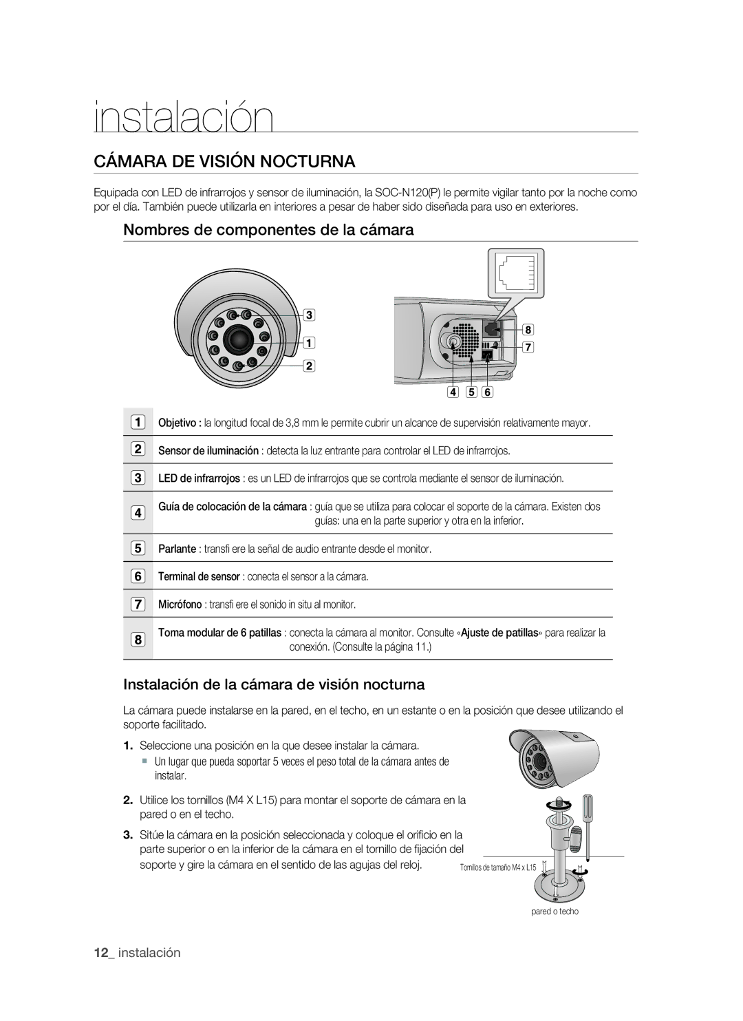 Samsung SHR-1041, VKKF011NEX user manual Cámara de visión nocturna, Instalación de la cámara de visión nocturna 