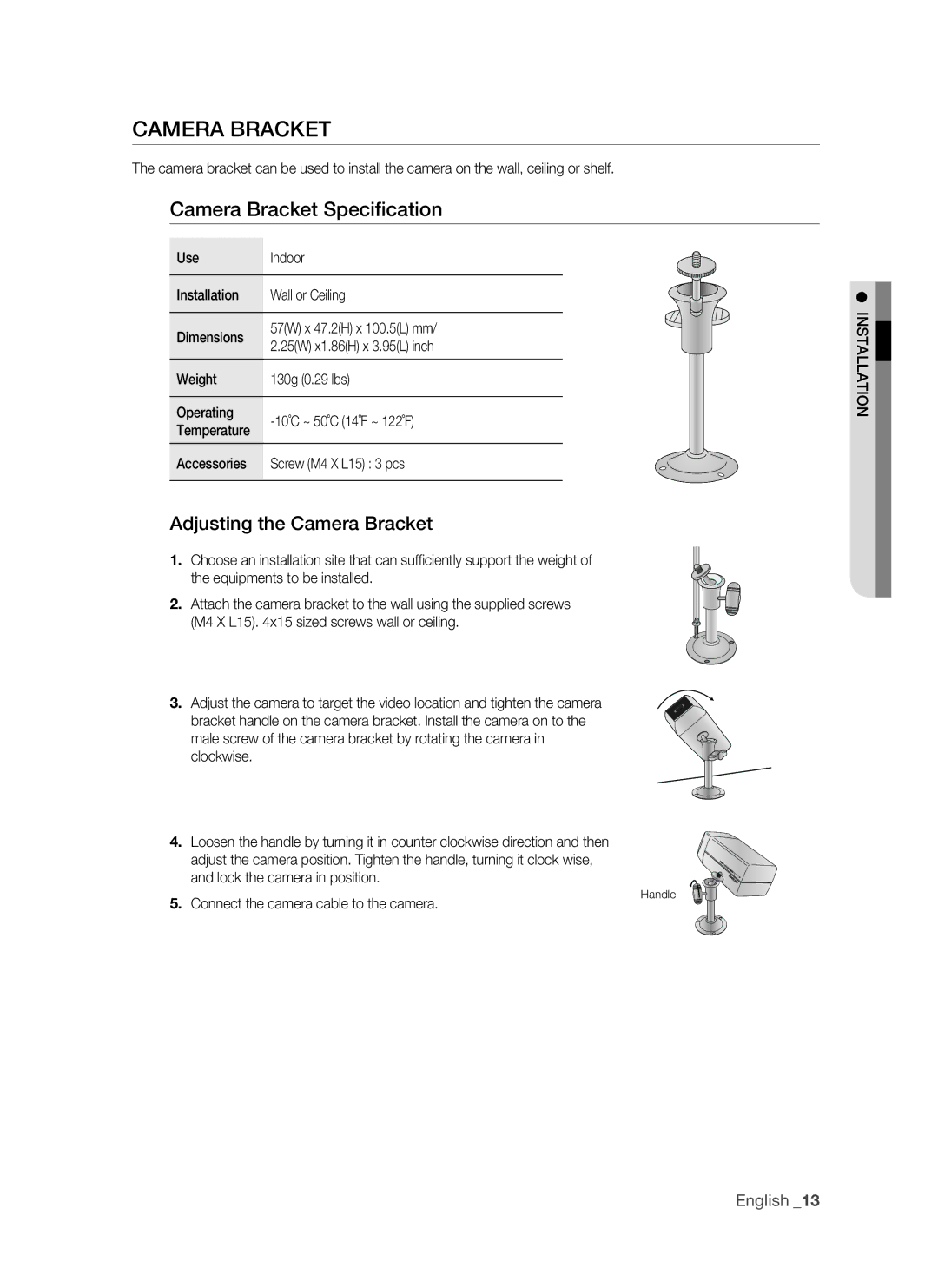 Samsung VKKF011NEX, SHR-1041 user manual Camera Bracket Specification, Adjusting the Camera Bracket 