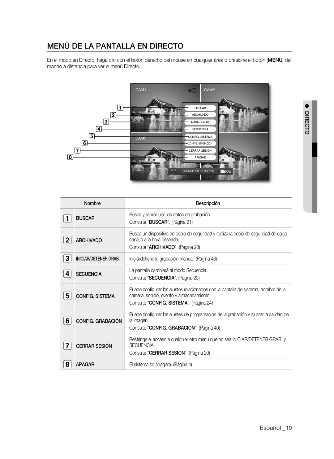 Samsung VKKF011NEX, SHR-1041 user manual MEnÚ dE lA pAnTAllA En dIRECTO, Buscar, Secuencia 