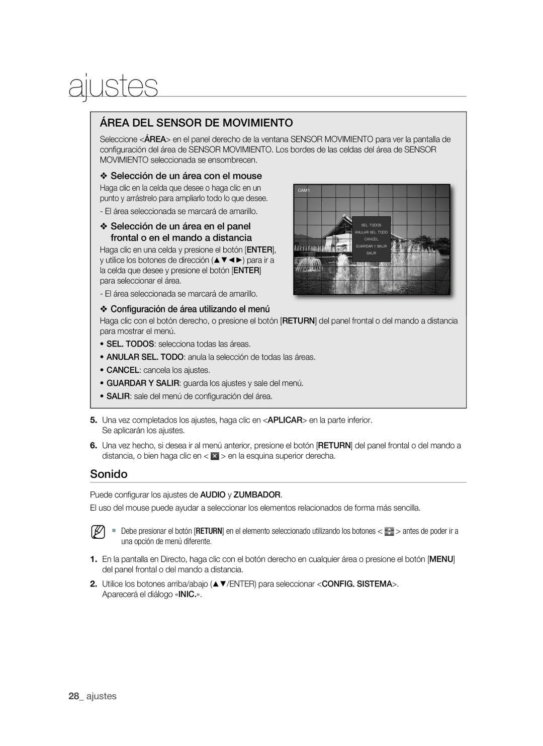 Samsung SHR-1041, VKKF011NEX user manual Sonido, ÁREA dEl SEnSOR dE MOVIMIEnTO, El área seleccionada se marcará de amarillo 