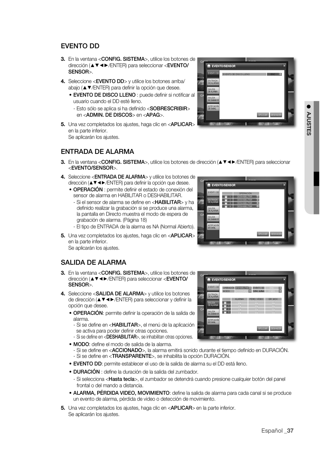 Samsung VKKF011NEX, SHR-1041 user manual EVEnTO dd, EnTRAdA dE AlARMA, SAlIdA dE AlARMA 