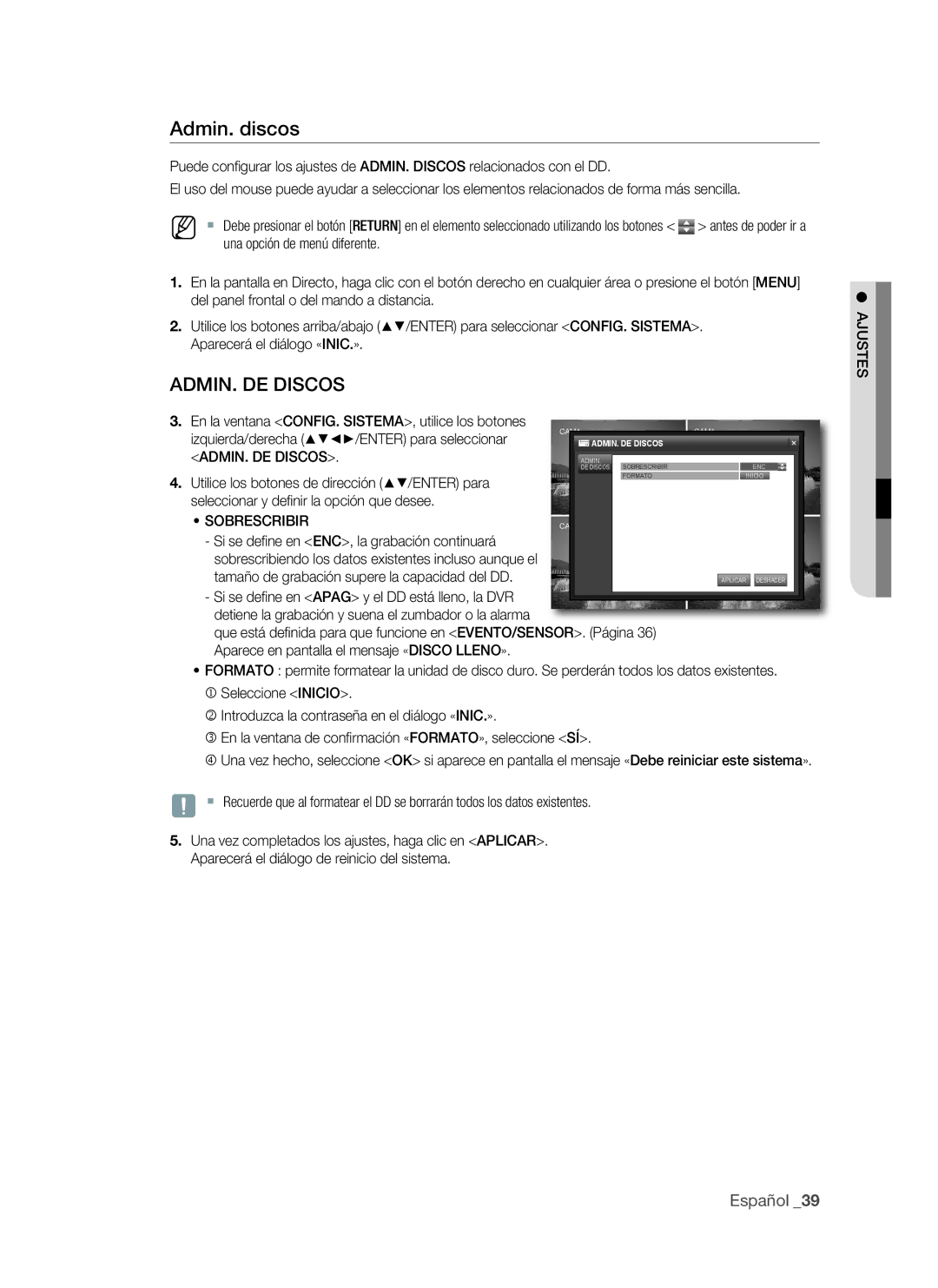 Samsung VKKF011NEX, SHR-1041 user manual Admin. discos, AdMIn. dE dISCOS, Sobrescribir 