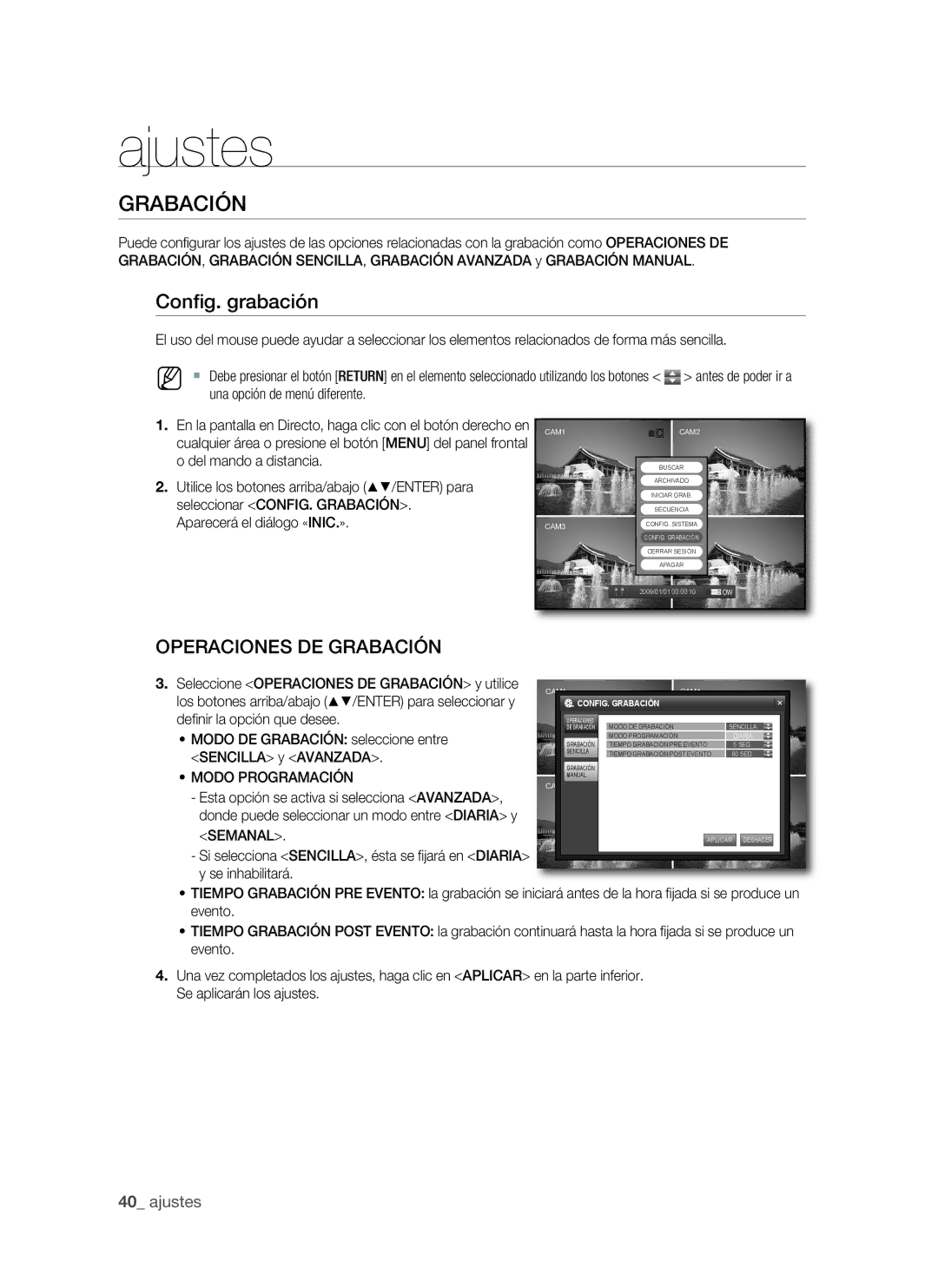 Samsung SHR-1041, VKKF011NEX user manual GRABACIón, Config. grabación, OpERACIOnES dE gRABACIón 