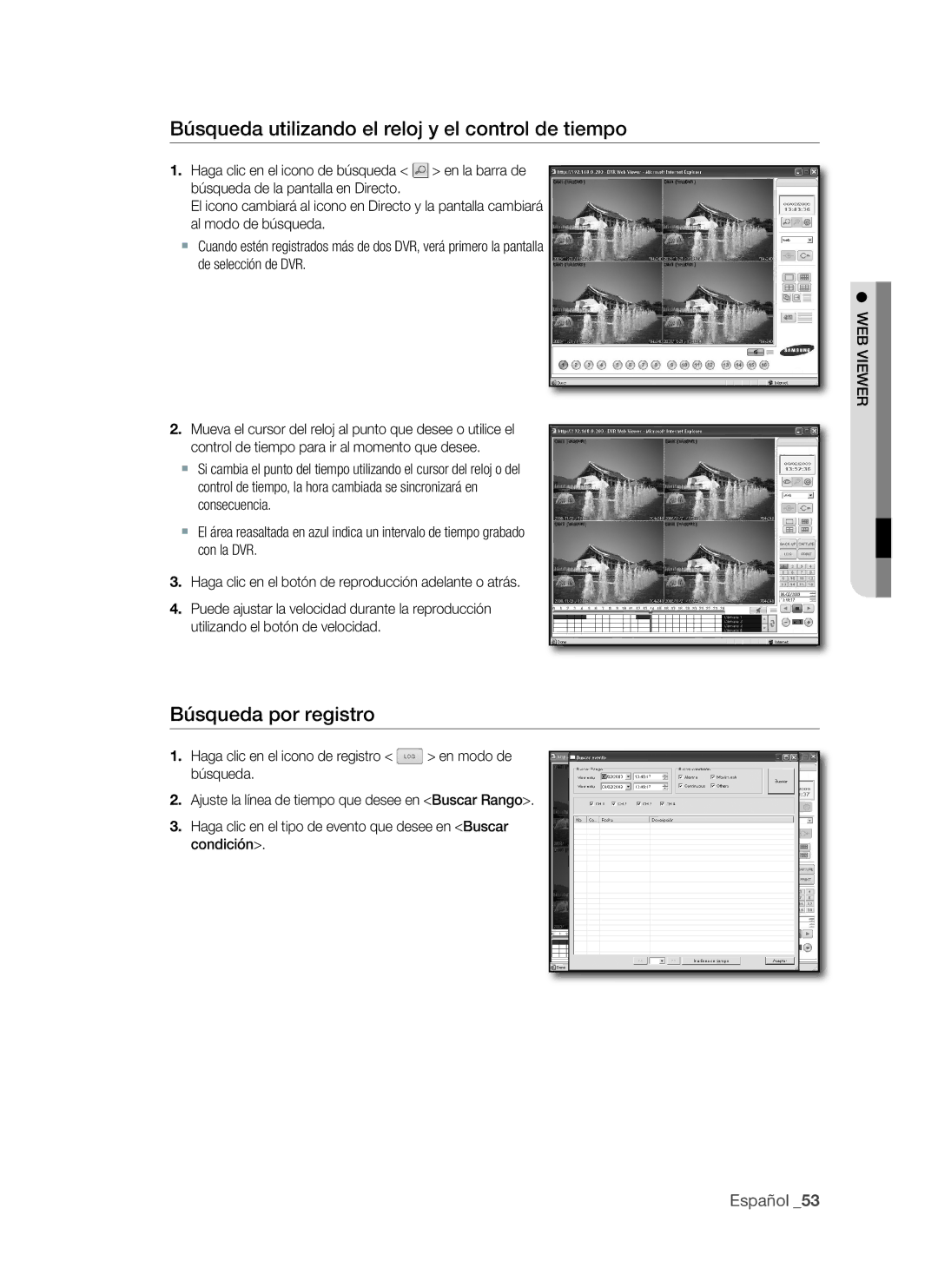 Samsung VKKF011NEX, SHR-1041 user manual Búsqueda utilizando el reloj y el control de tiempo, Búsqueda por registro 