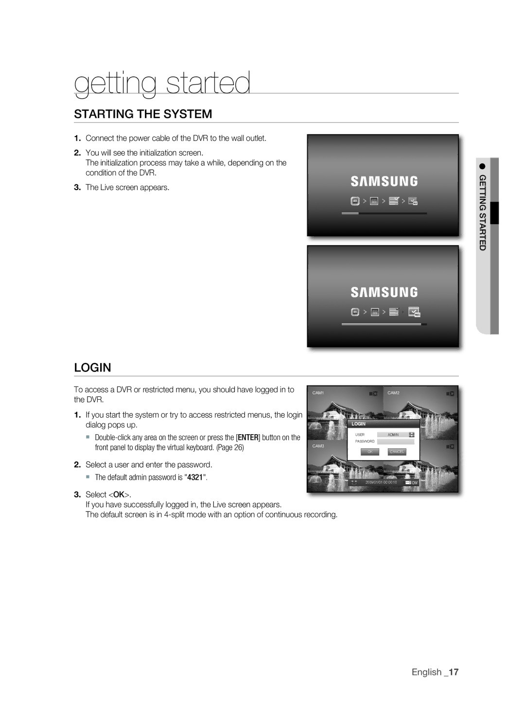 Samsung VKKF011NEX, SHR-1041 Getting started, Starting the system, Login, Front panel to display the virtual keyboard 