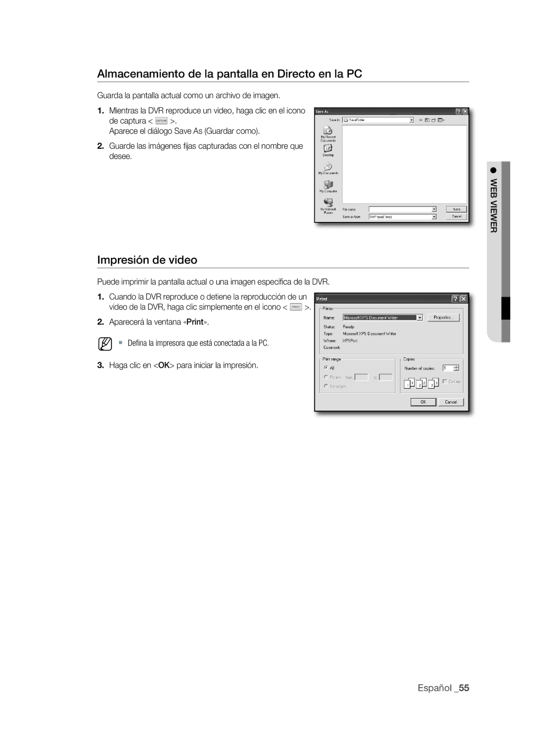 Samsung VKKF011NEX, SHR-1041 user manual Almacenamiento de la pantalla en directo en la pC, Impresión de video 