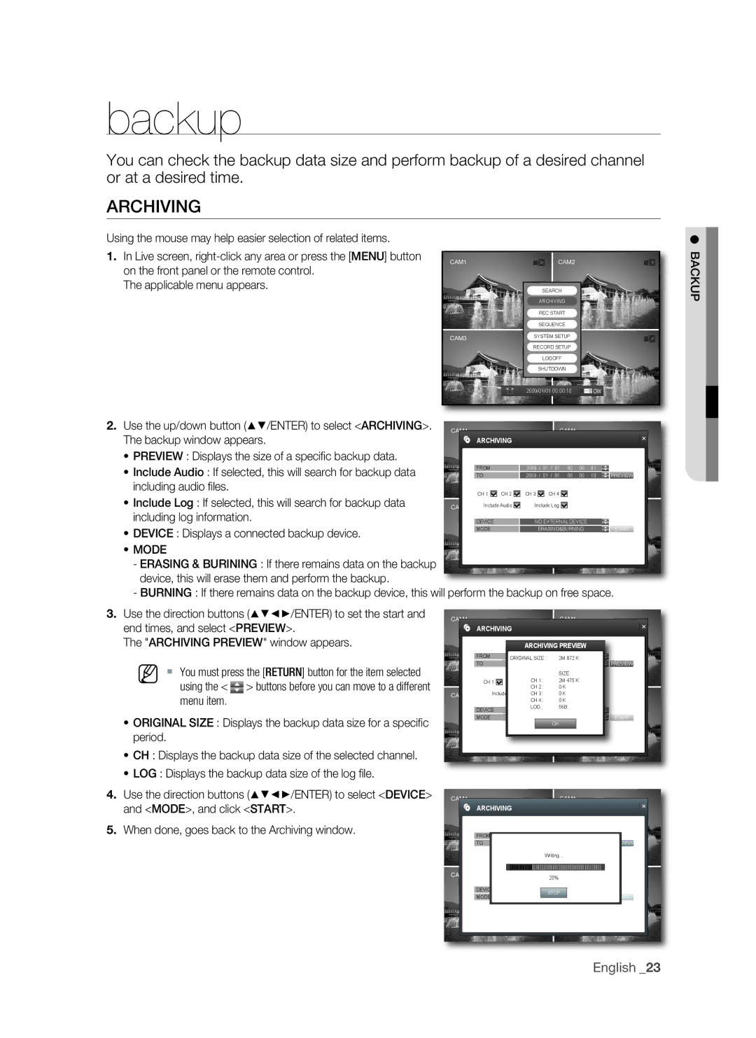 Samsung VKKF011NEX, SHR-1041 user manual Backup, Archiving 