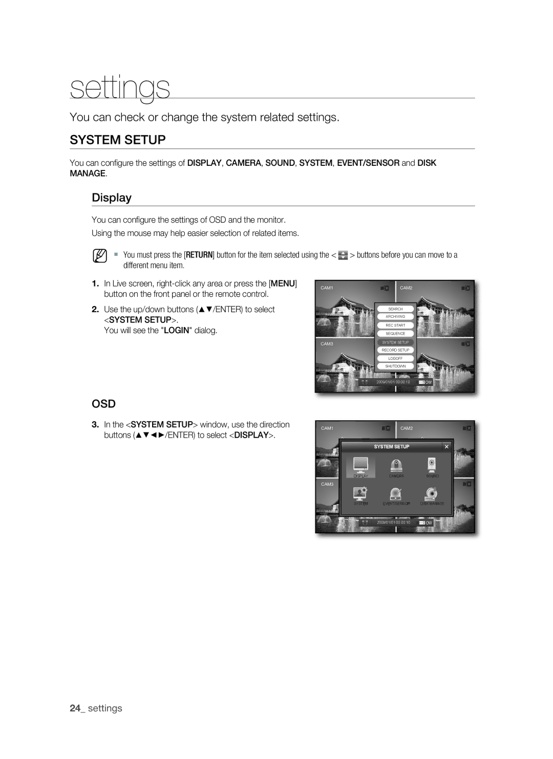 Samsung SHR-1041, VKKF011NEX Settings, System setup, You can check or change the system related settings, Display, Osd 