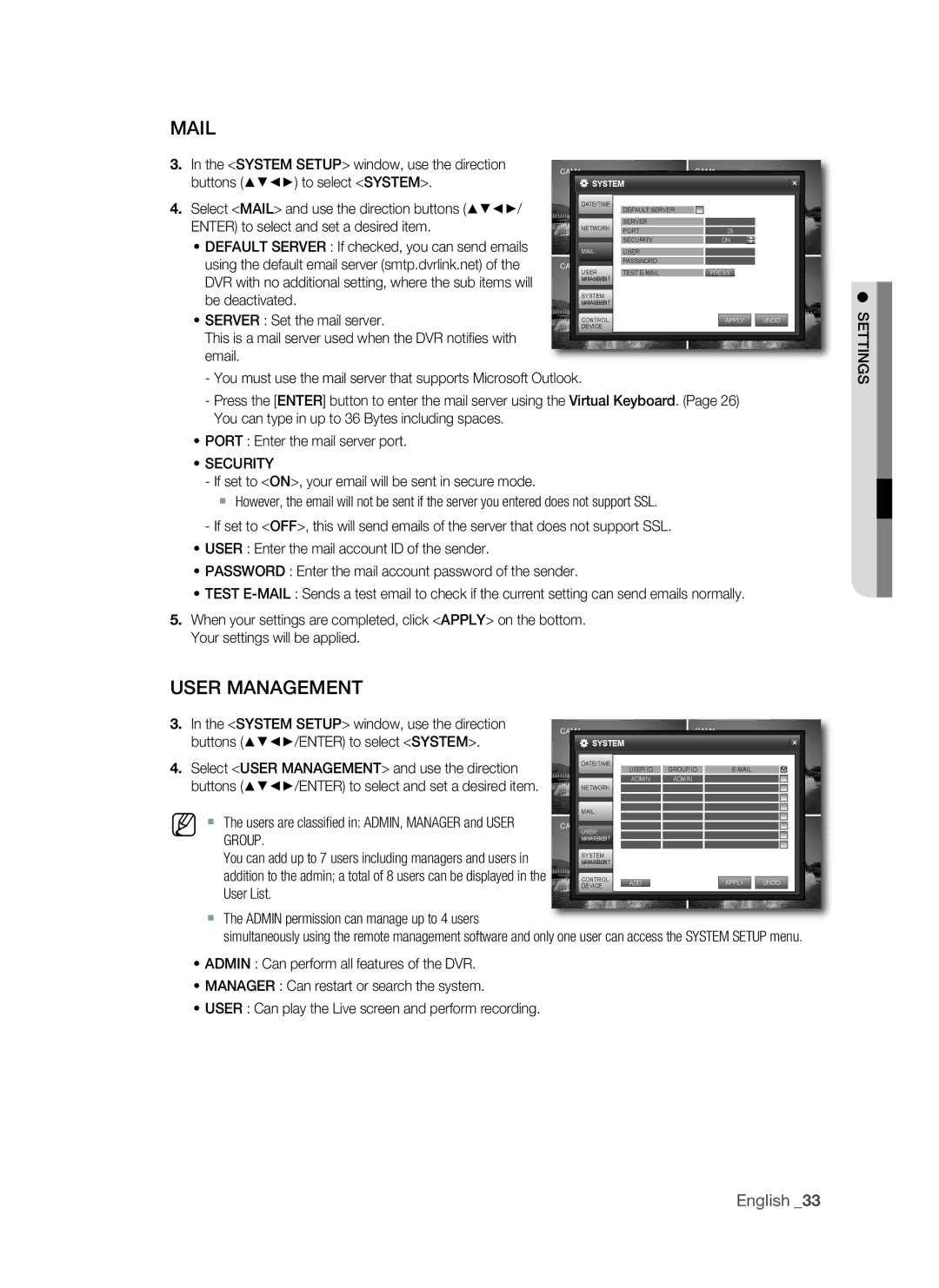 Samsung VKKF011NEX, SHR-1041 user manual MaiL, User management, Group 