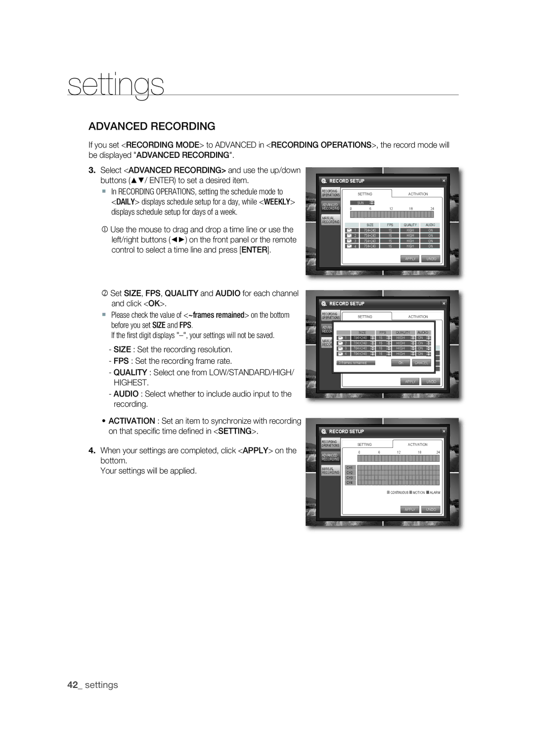 Samsung SHR-1041, VKKF011NEX user manual Advanced recording,  In Recording OPERATIONS, setting the schedule mode to 