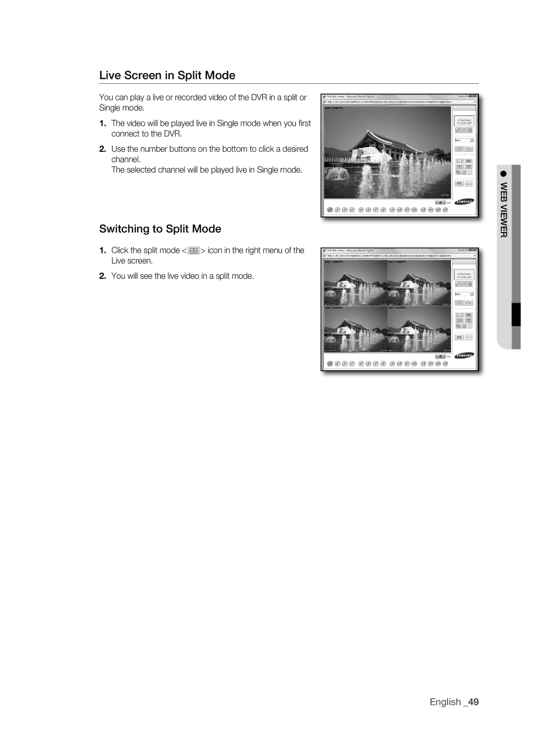 Samsung VKKF011NEX, SHR-1041 user manual Live screen in split mode, Switching to split mode 