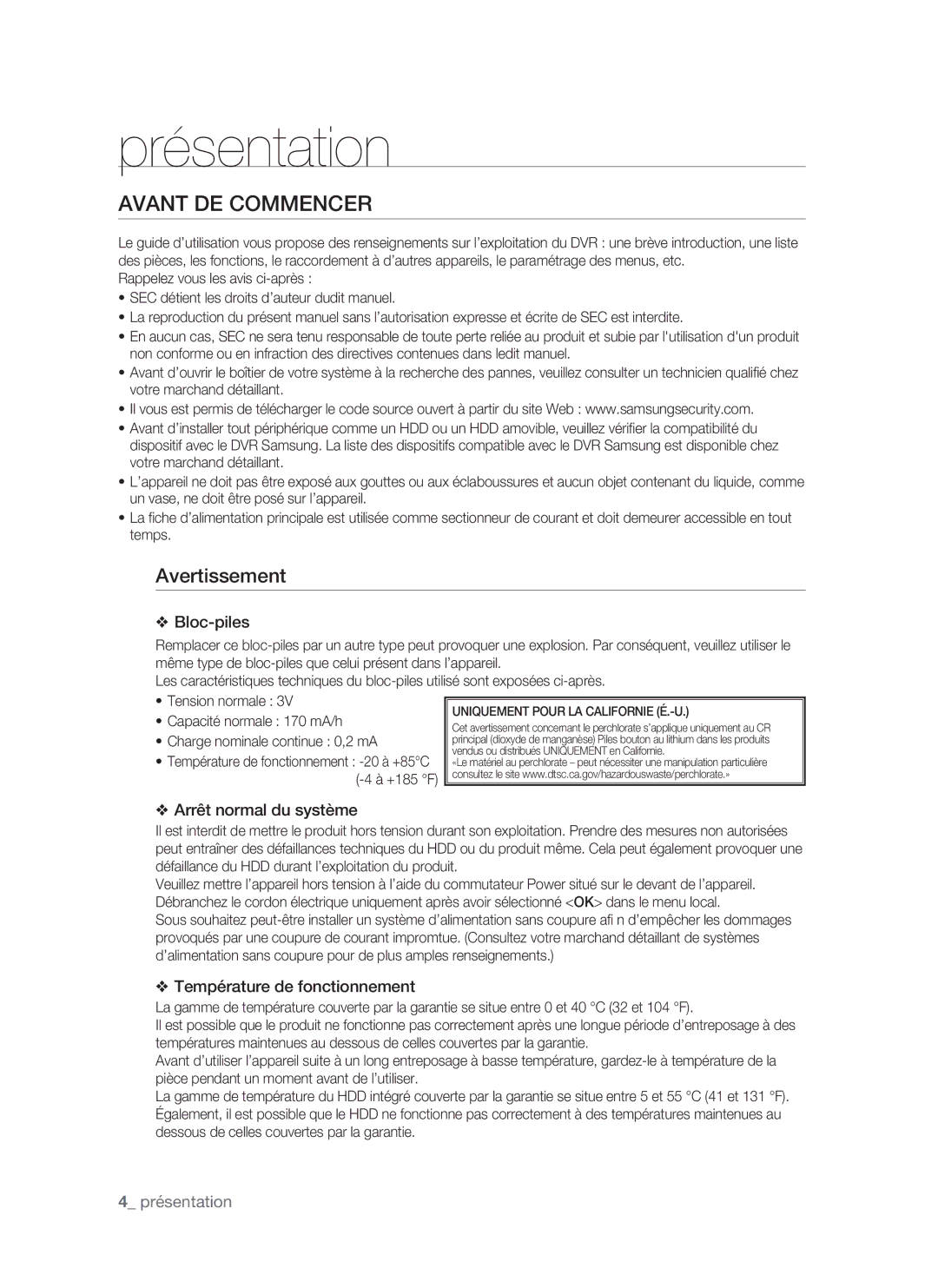 Samsung SHR-1041, VKKF011NEX user manual Avant DE Commencer, Avertissement, +185 F 