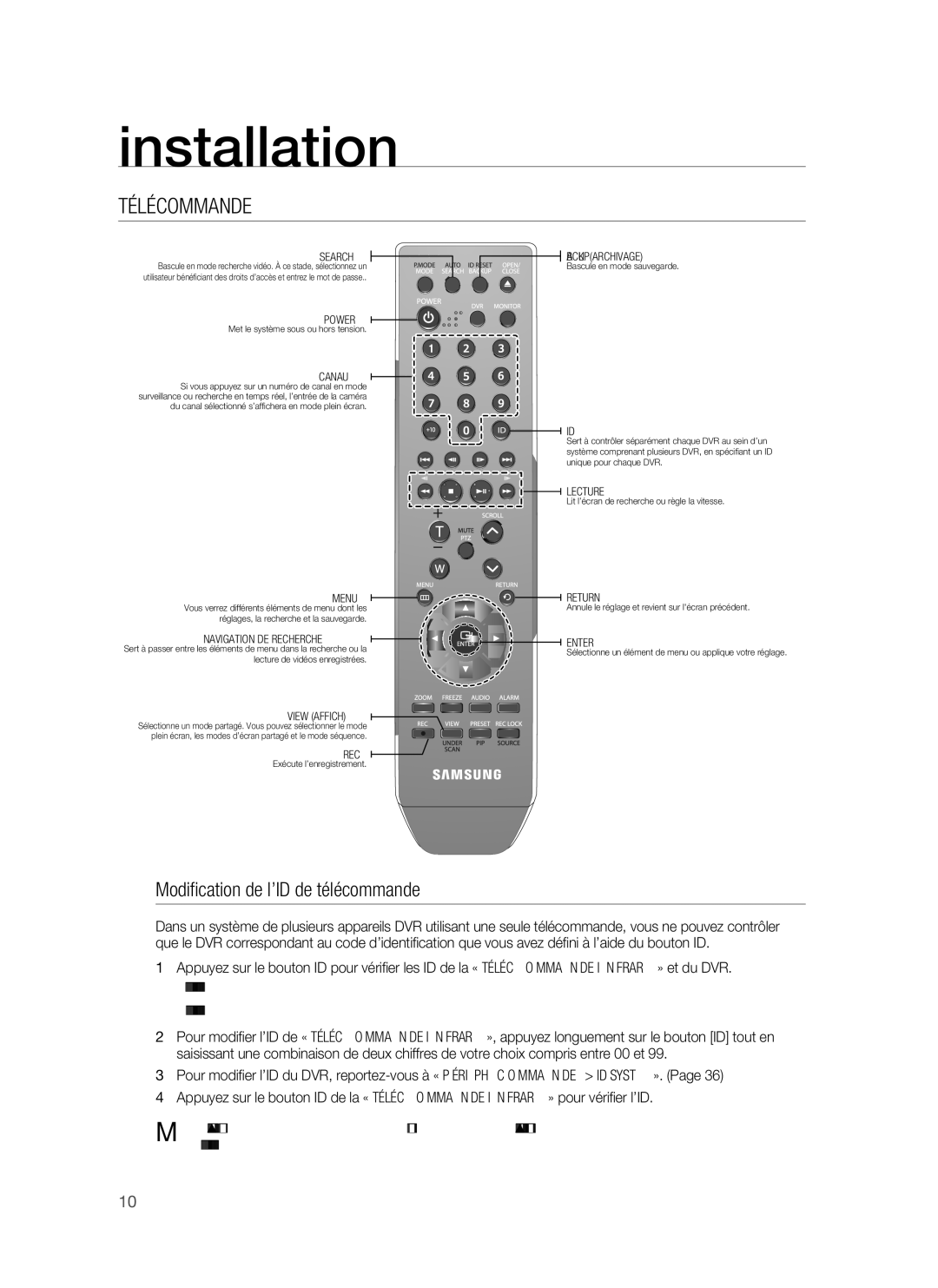 Samsung SHR-1041, VKKF011NEX user manual Télécommande, Modification de l’ID de télécommande 