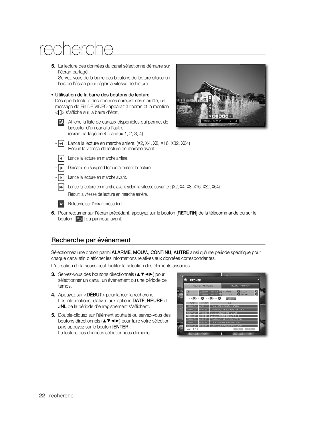 Samsung SHR-1041, VKKF011NEX user manual Recherche par événement, Utilisation de la barre des boutons de lecture 