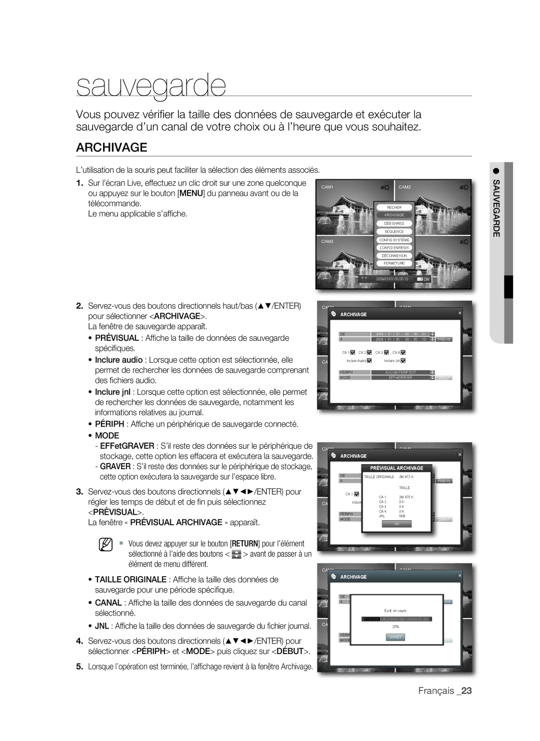 Samsung VKKF011NEX, SHR-1041 user manual Sauvegarde, ARChIVAGE 