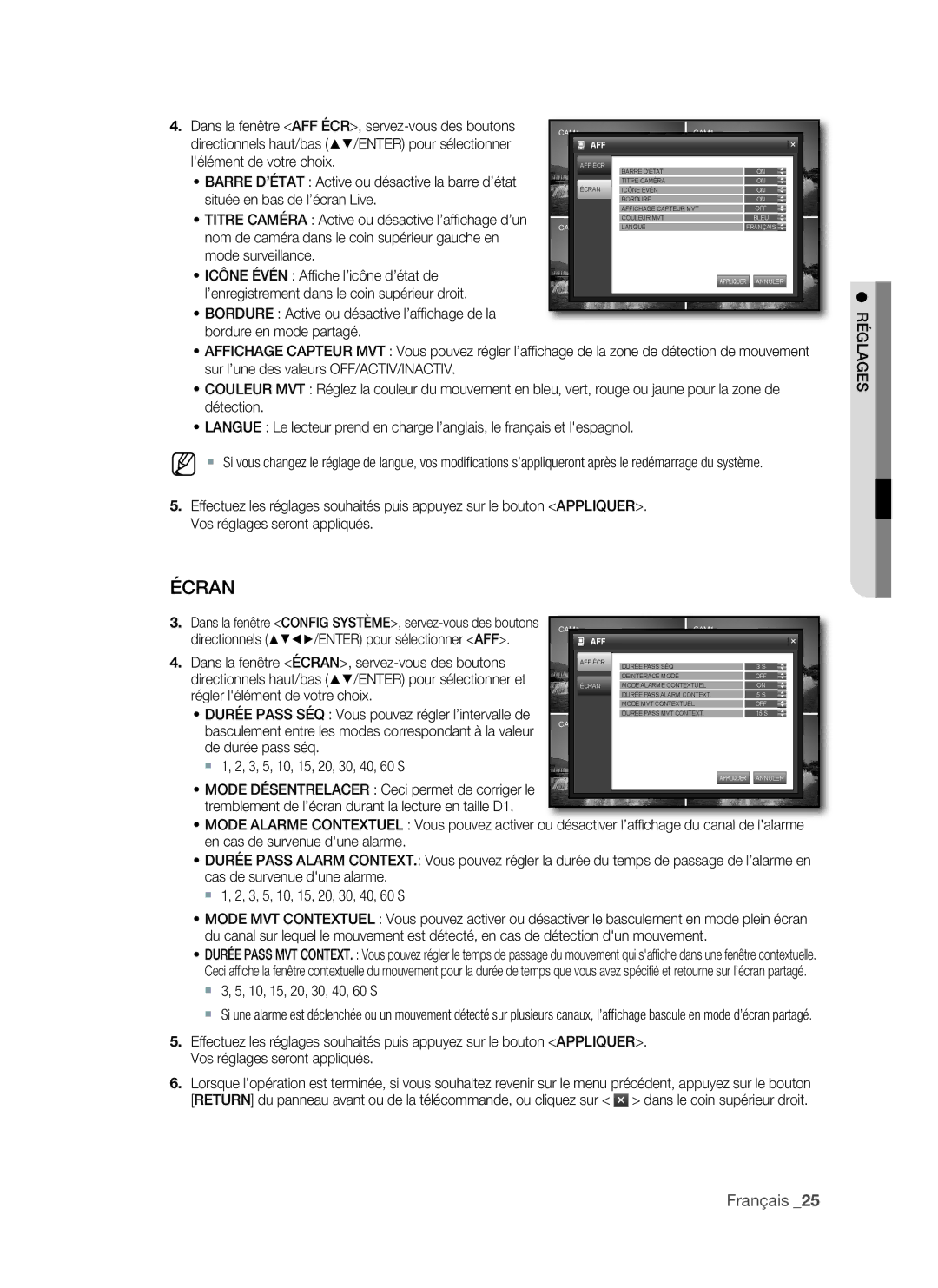 Samsung VKKF011NEX, SHR-1041 user manual ÉCRAn, Réglages 