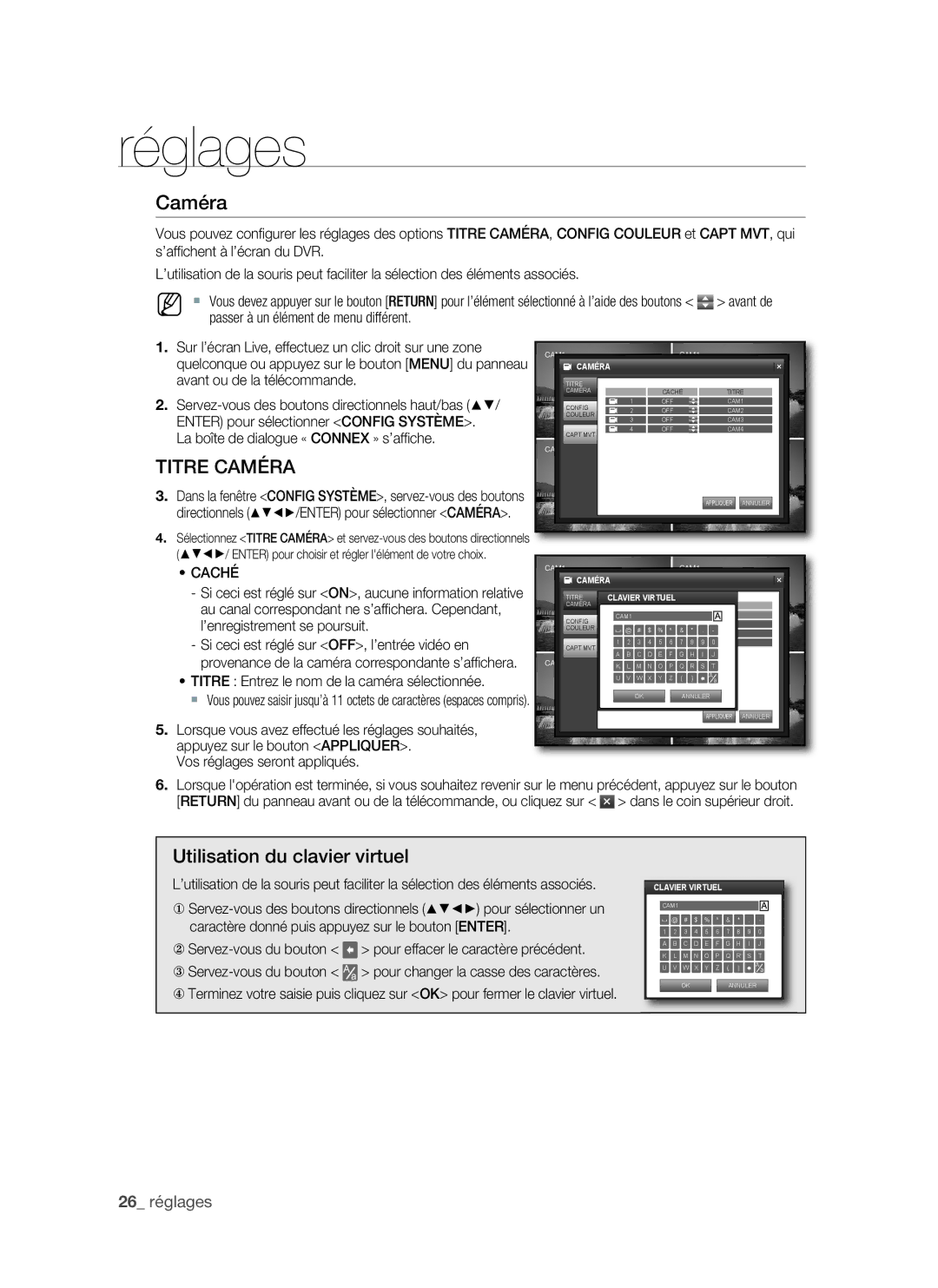 Samsung SHR-1041, VKKF011NEX Caméra, Utilisation du clavier virtuel, Titre Entrez le nom de la caméra sélectionnée 