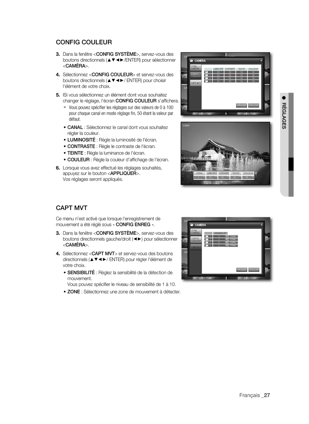 Samsung VKKF011NEX, SHR-1041 user manual ConFIG CoULEUR, CApT MVT, ZonE Sélectionnez une zone de mouvement à détecter 