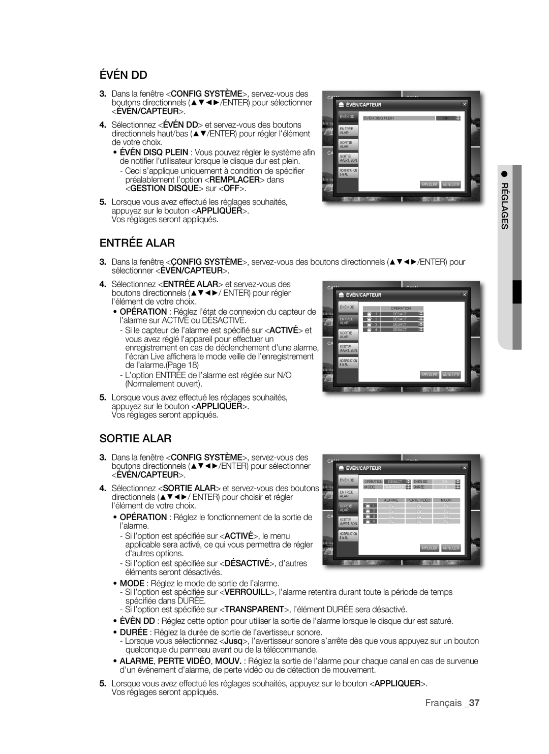 Samsung VKKF011NEX, SHR-1041 user manual ÉVÉn DD, EnTRÉE Alar, SoRTIE Alar 