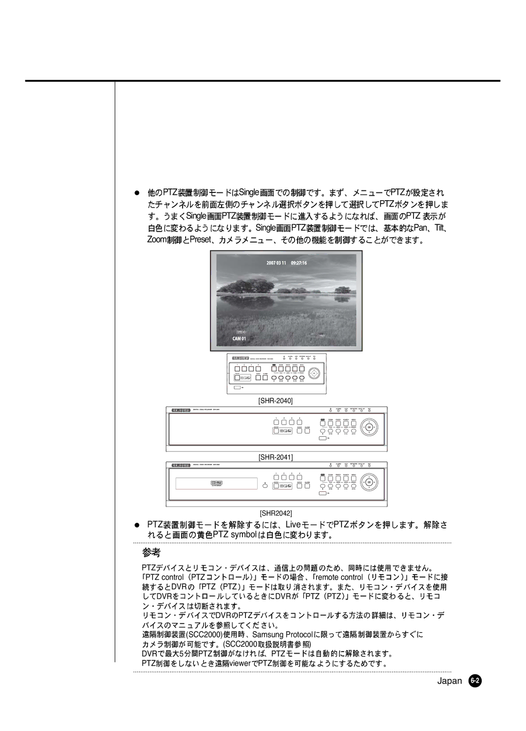 Samsung SHR 2040 user manual PTZ Live PTZ PTZ symbol, Japan 