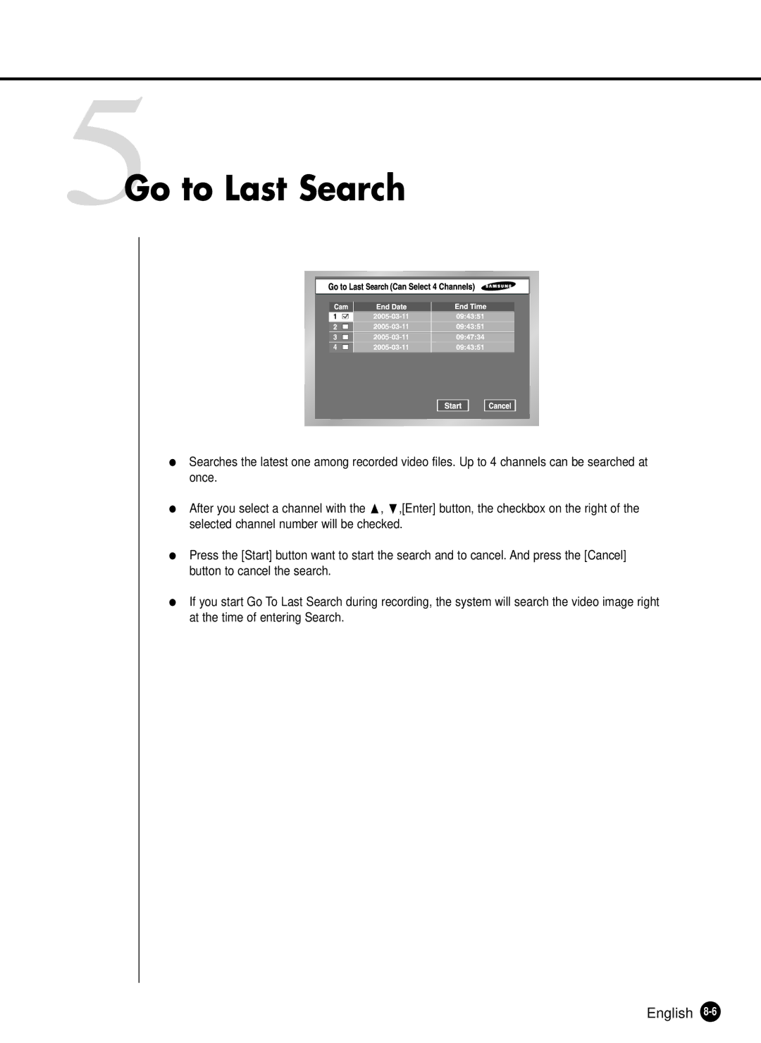 Samsung SHR-2040N, SHR-2040P manual 5Go to Last Search 