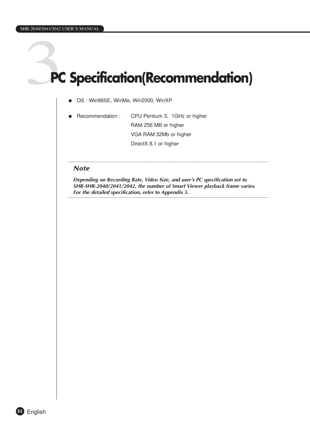 Samsung SHR-2040N, SHR-2040P manual 3PC SpecificationRecommendation, 3English 