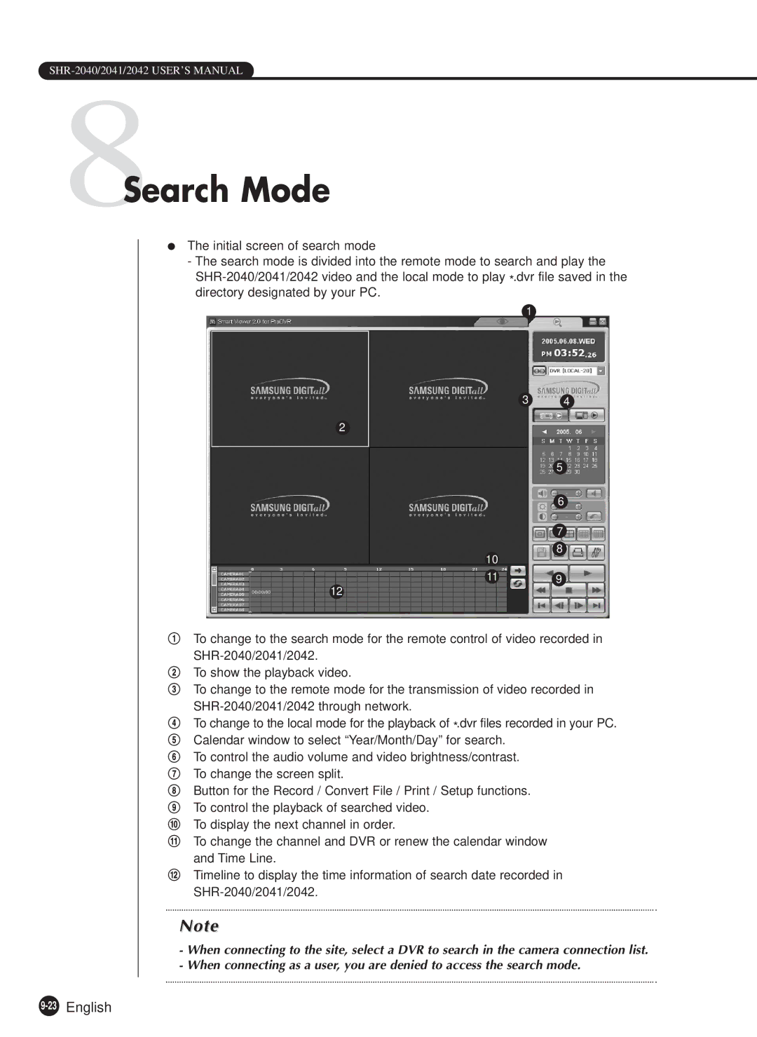 Samsung SHR-2040N, SHR-2040P manual 8Search Mode, 23English 