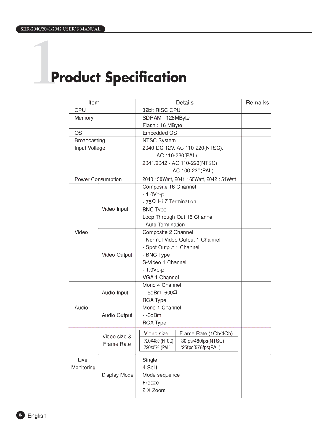 Samsung SHR-2040N, SHR-2040P manual 1Product Specification, Details Remarks, 10-1English 