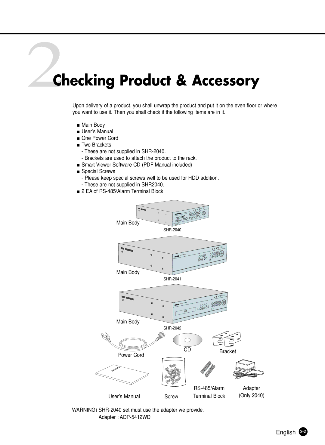 Samsung SHR-2040P, SHR-2040N manual 2Checking Product & Accessory 