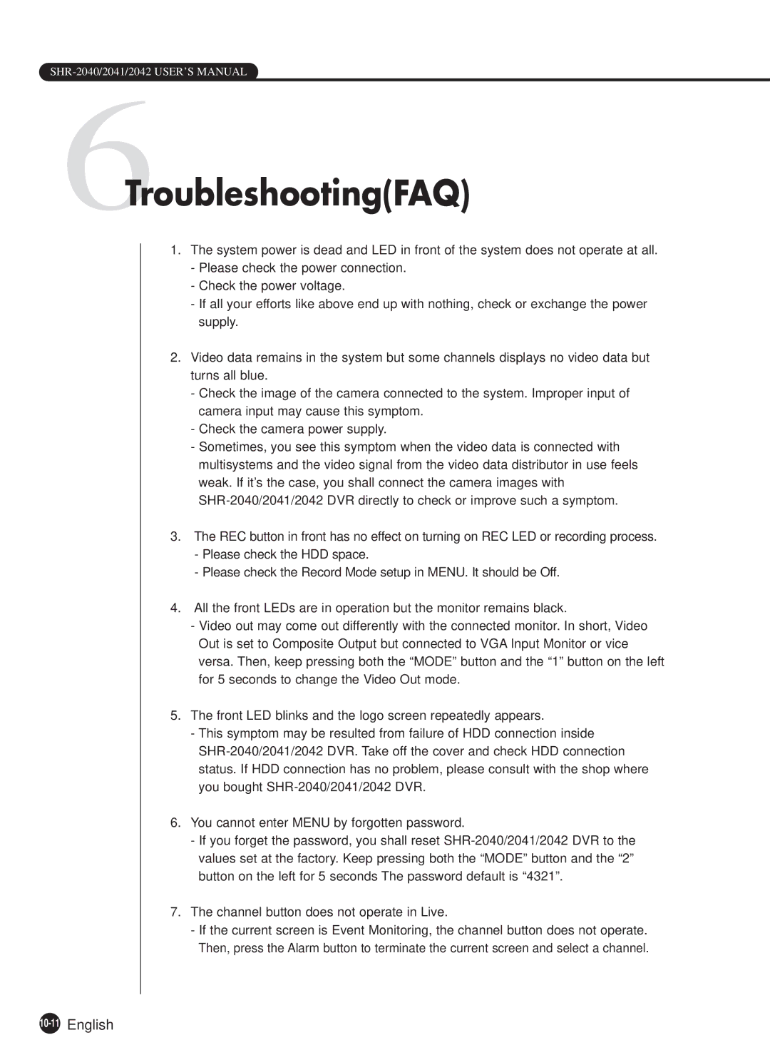 Samsung SHR-2040N, SHR-2040P manual 6TroubleshootingFAQ, 10-11English 