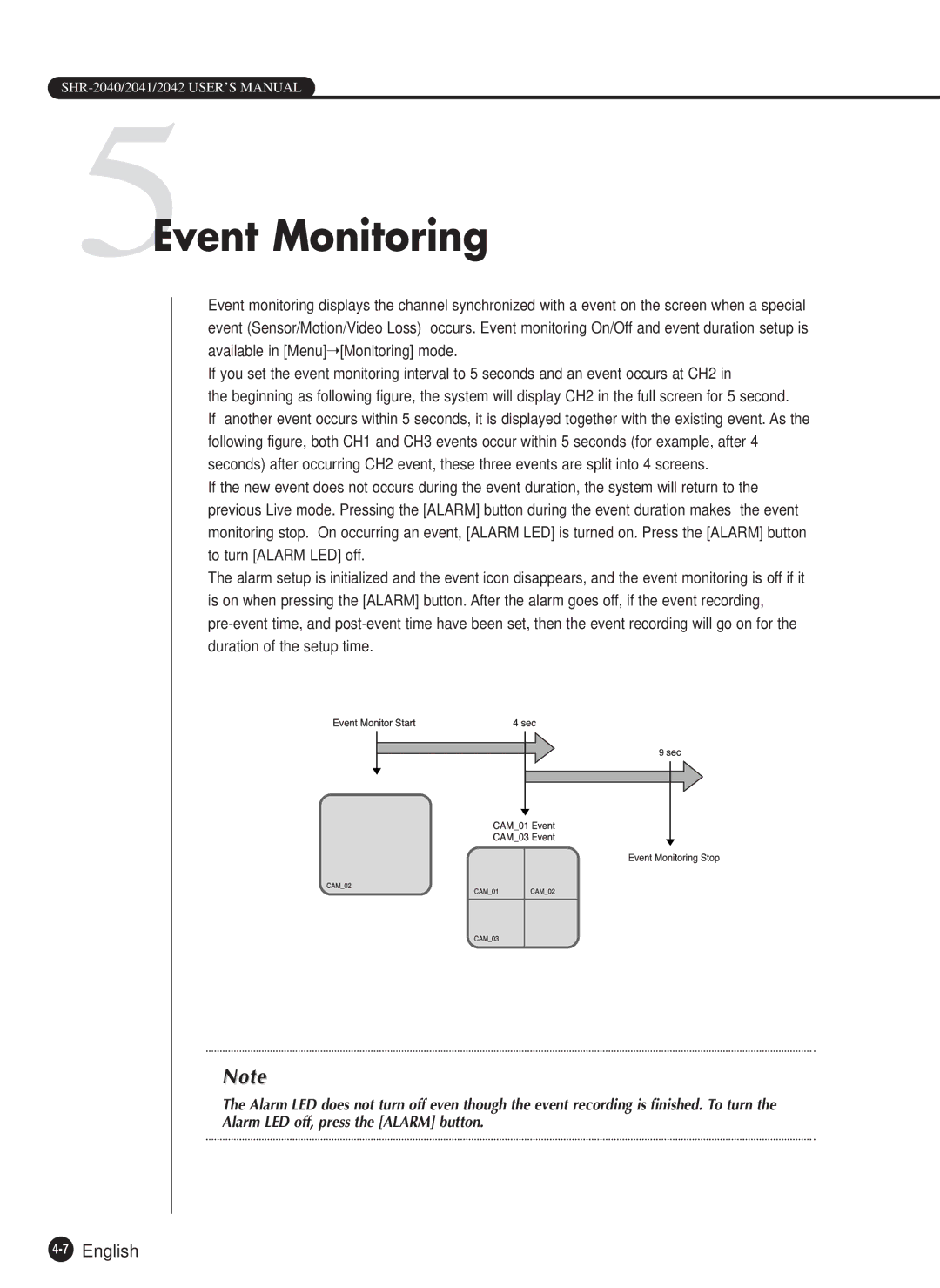 Samsung SHR-2040N, SHR-2040P manual 5Event Monitoring, 7English 