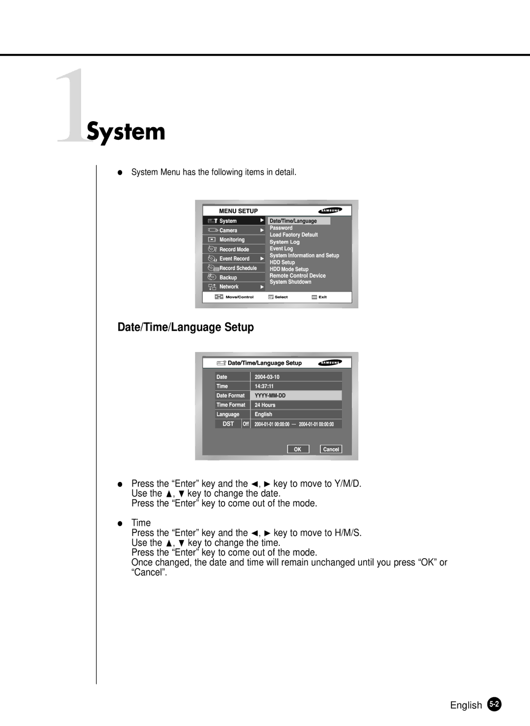 Samsung SHR-2040N, SHR-2040P manual 1System, Date/Time/Language Setup 