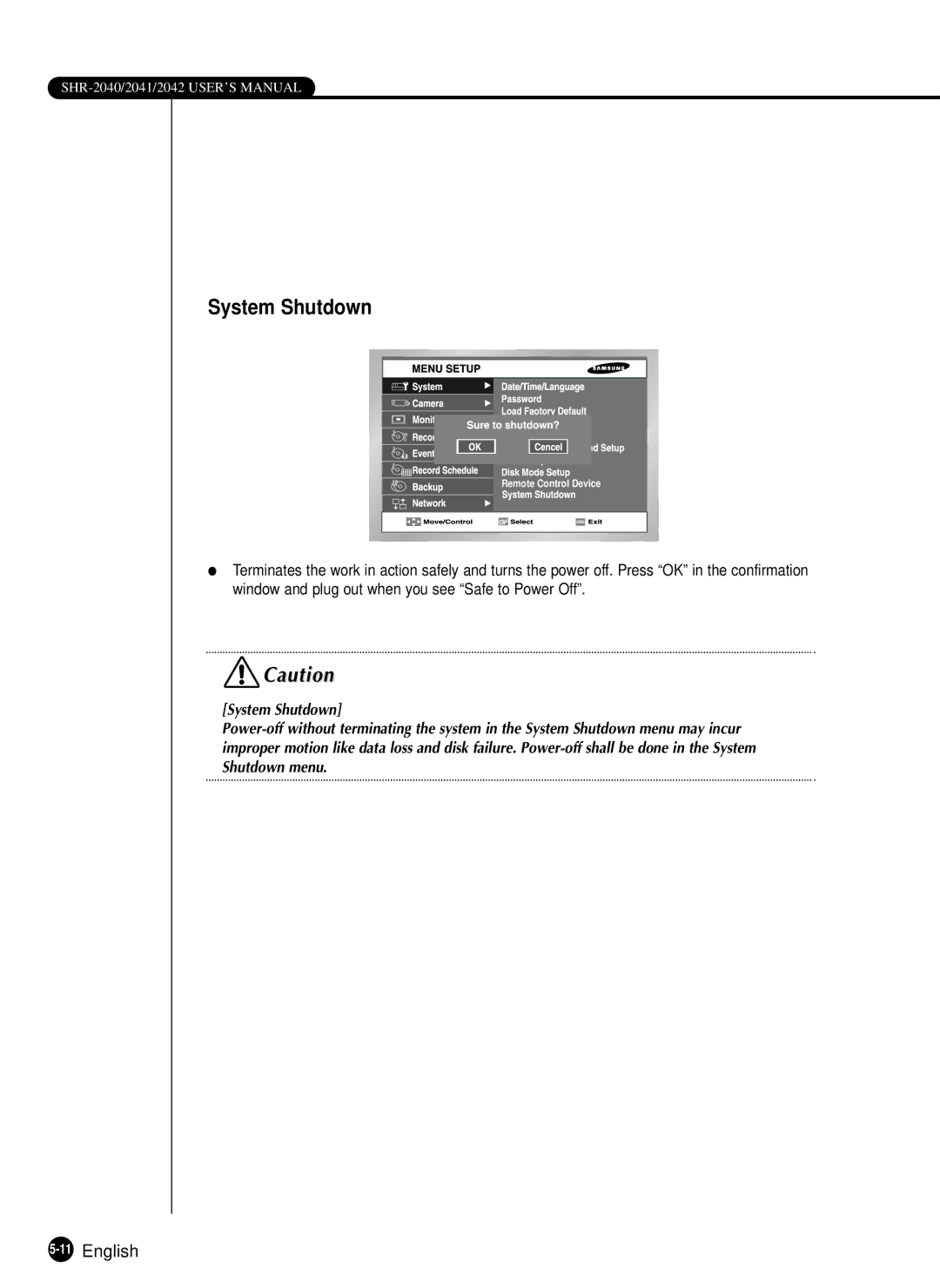 Samsung SHR-2040P, SHR-2040N manual System Shutdown, 11English 