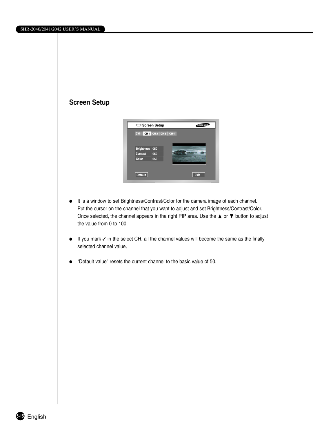 Samsung SHR-2040P, SHR-2040N manual Screen Setup, 15English 