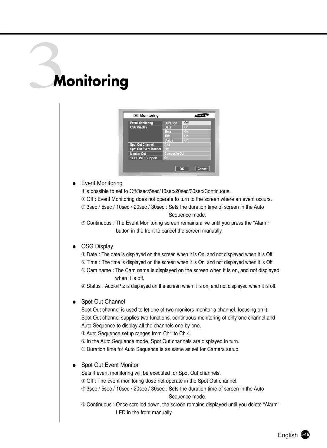 Samsung SHR-2040N, SHR-2040P manual 3Monitoring, OSG Display, Spot Out Channel, Spot Out Event Monitor 