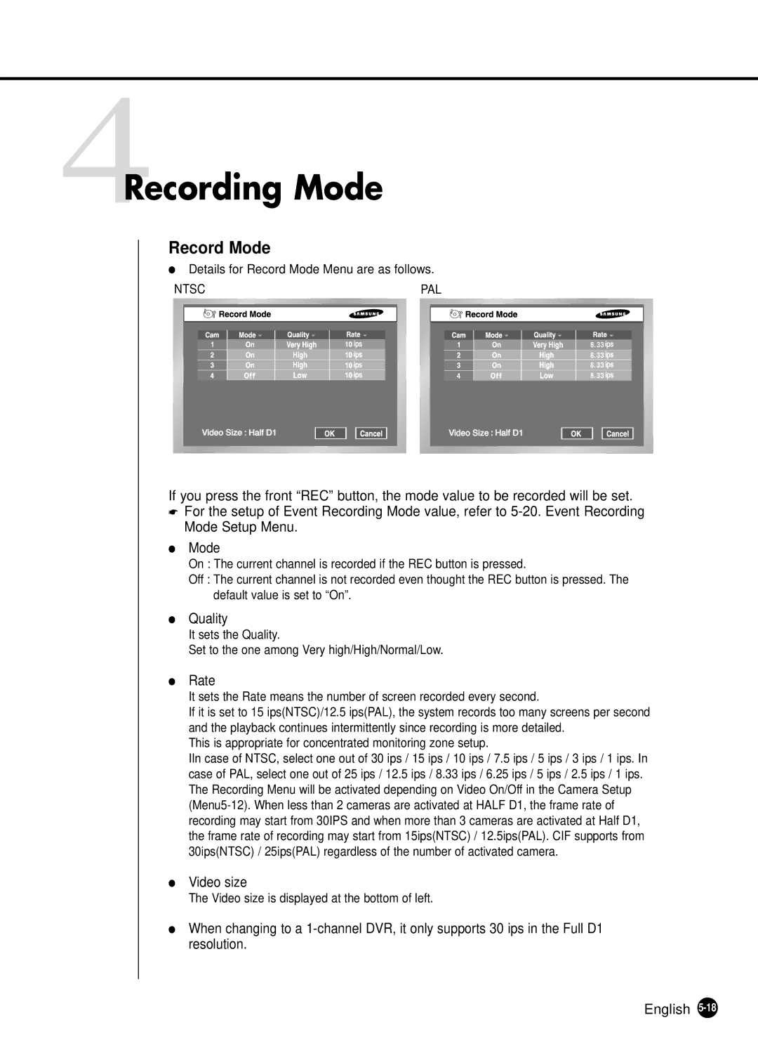Samsung SHR-2040N, SHR-2040P manual 4Recording Mode, Record Mode, Quality, Rate, Video size 