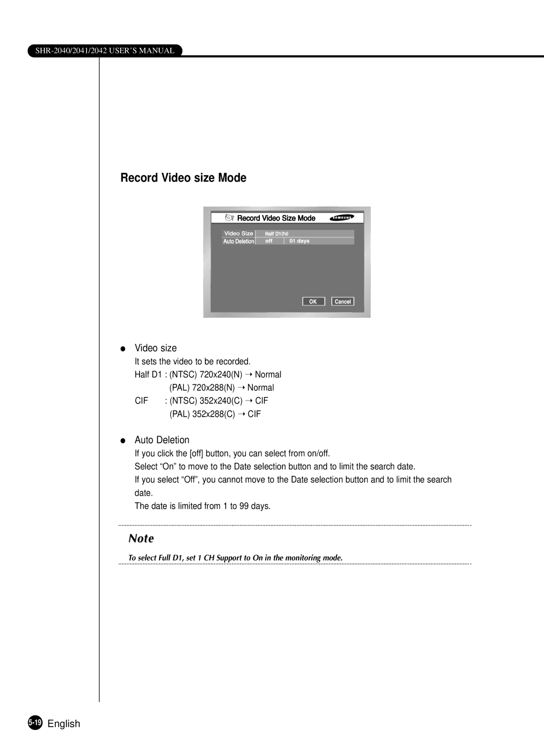 Samsung SHR-2040P, SHR-2040N manual Record Video size Mode, Auto Deletion, 19English 