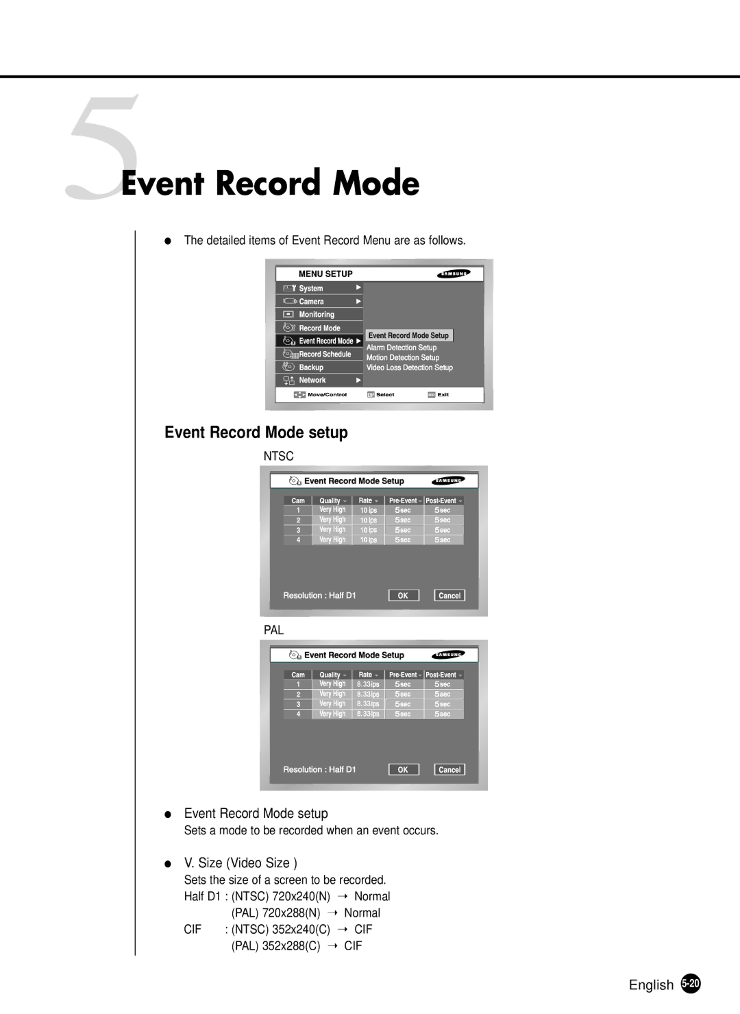 Samsung SHR-2040N, SHR-2040P manual 5Event Record Mode, Event Record Mode setup, Size Video Size 